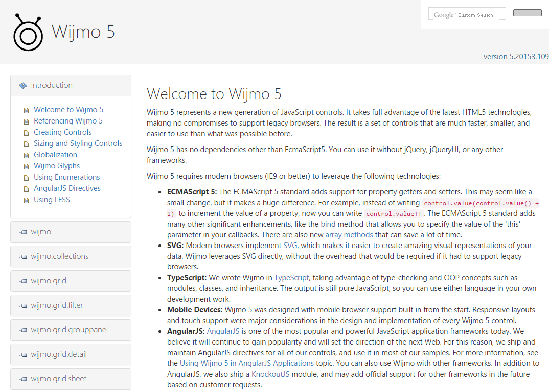 Онлайновая документация Wijmo представляет собой одностраничное приложение AngularJS, состоящее из страницы с оглавлением (ToC)