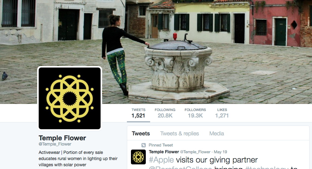 На следующем изображении вы можете видеть, что бренд Temple Flower оптимизировал свой профиль в Твиттере, поместив перед словом «Activewear» слово «Activewear»